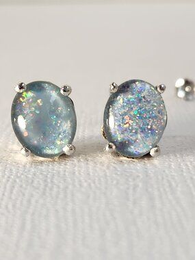 Intergalactic! VTG Large Natural Blue Fire Ridge Opals 925 10x7mm Stud Earrings